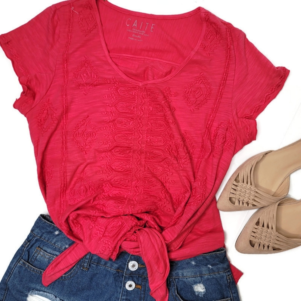 Caite NWT embroidered boho red tee shirt top. 100% cotton.